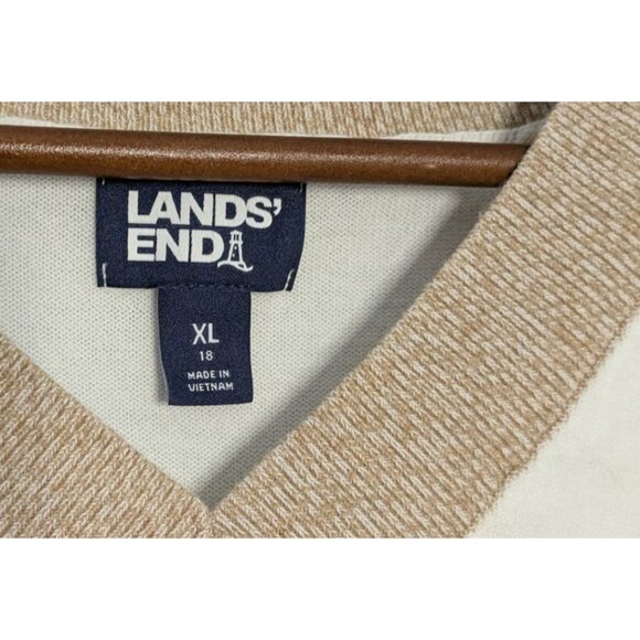 Lands End Womens XL White V-Neck Sweater Tan Ribbed Trim Cotton Academia - Picture 3 of 12